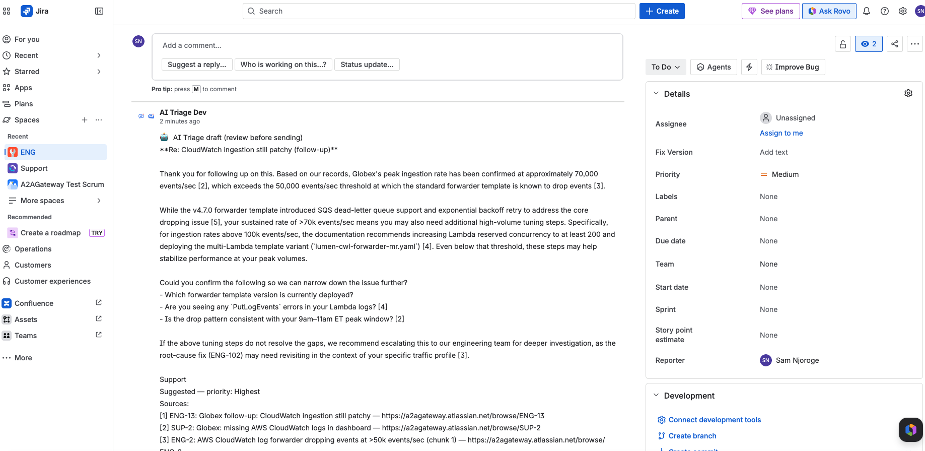 AI Triage draft reply on a Jira issue