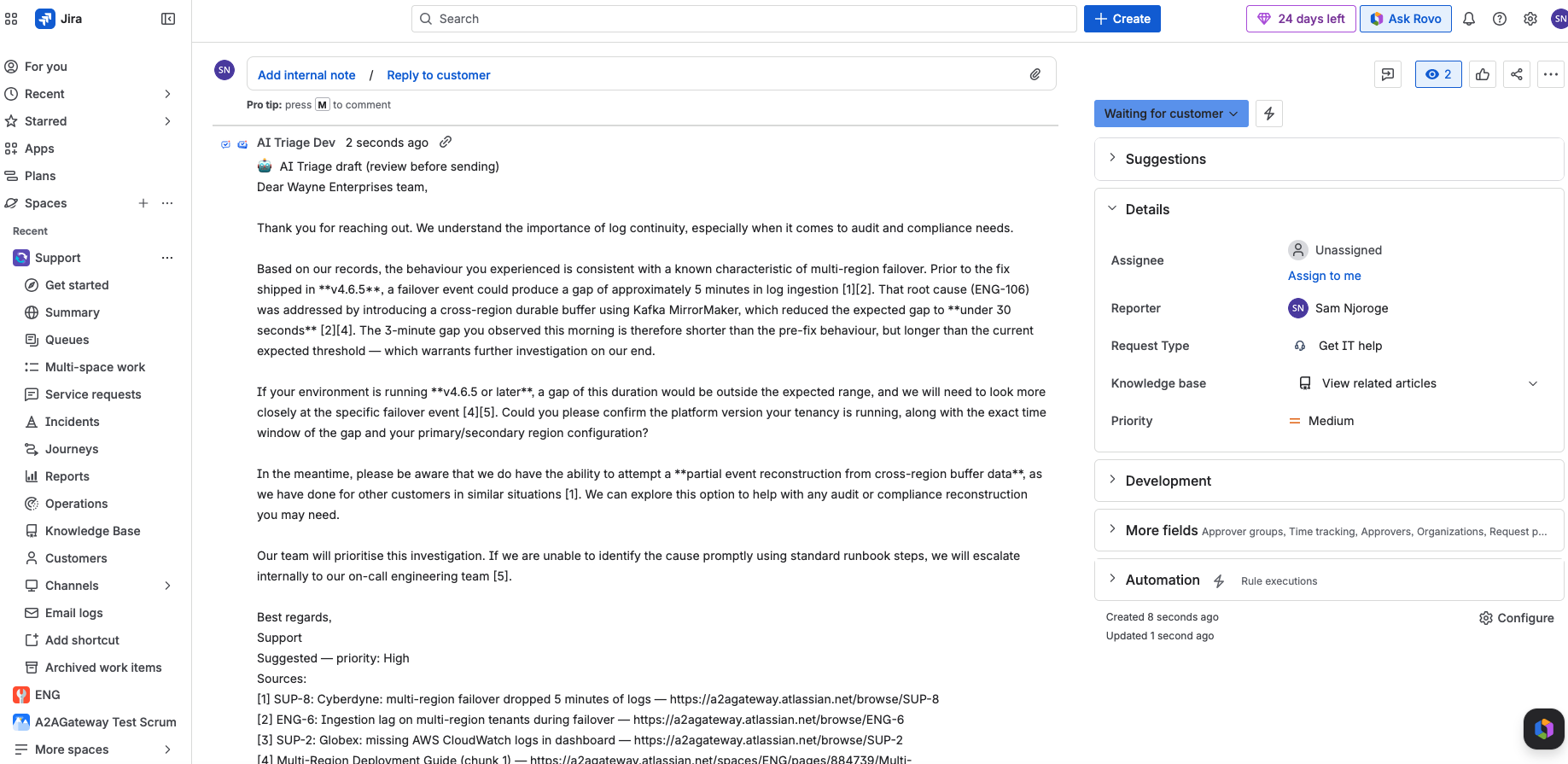 AI Triage draft on a Jira Service Management customer request