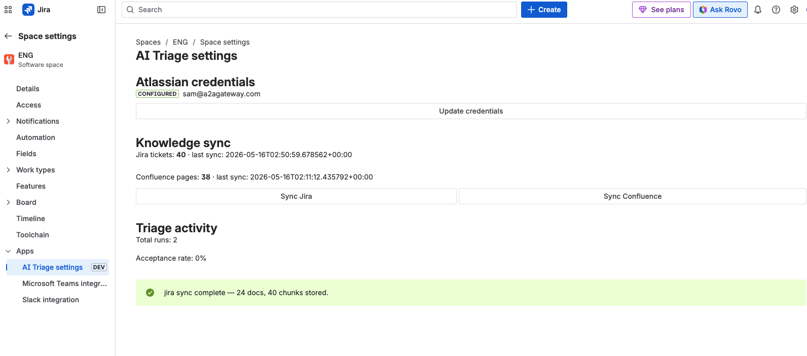 AI Triage settings and knowledge sync page